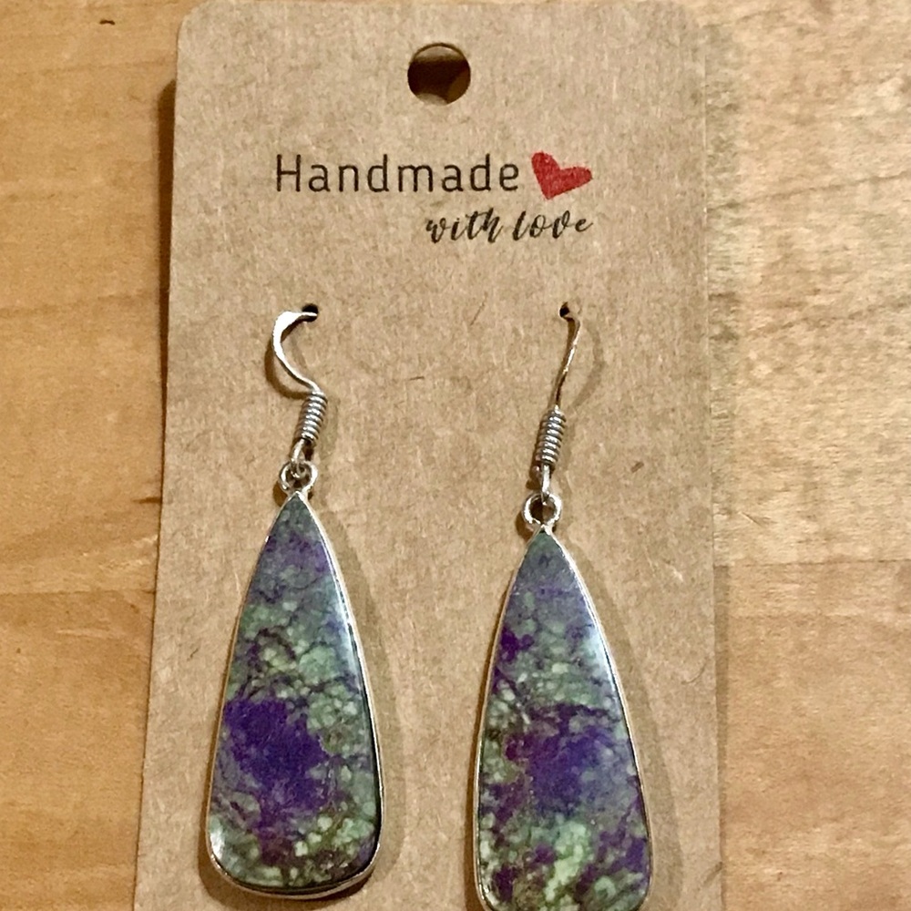 Beautiful Long Purple/Green Purpurite Earrings - 925 Stamped
